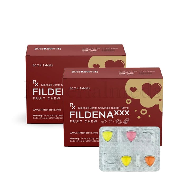 Fildena XXX Fruit Chew 100mg Sildenafil tablet box front view